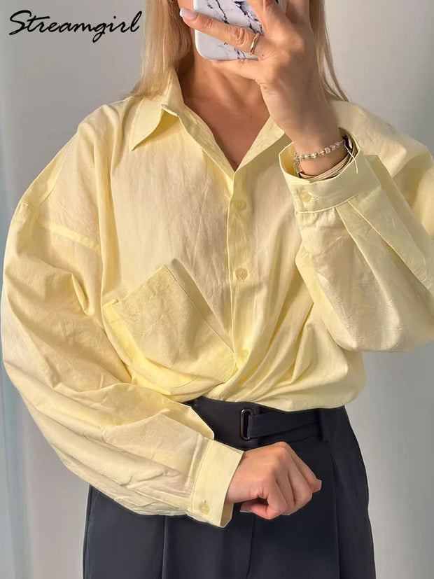 Basic Oversized Button Up Shirts Women Summer Tops Cotton Office Wear Woman Loose Blue Blouses Women Yellow Shirts Long Sleeve