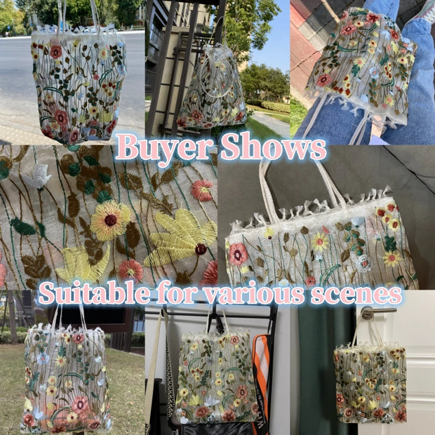 Fashion Tote Bag Summer New Style Mesh Full Embroidery Flowers Clear Shoulder Bag Romantic Handbag Girl Women's Eco Shopping Bag