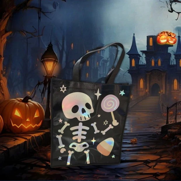 Halloween Party Bags - Non-Woven Fabric Gift Bags with Pumpkin, Grimace, Cat, Bats, Candy Designs  - Sturdy Handles for Trick