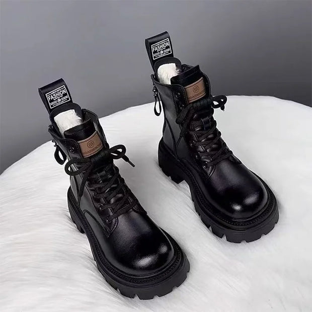 Ankle Boots for Women's Flats Platform Shoes 2025 Winter Sport Snow Boots New Trend Short Plush Lace Up Leather Fad Mujer Botas