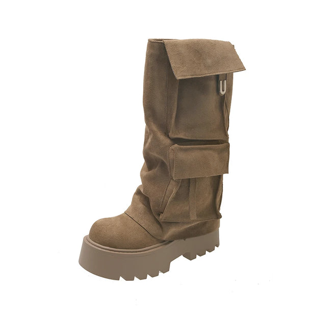 2025 Fall Winter New Brown Fashion Boots Versatile Platform Heightened Vintage Trouser Heel Boots Women