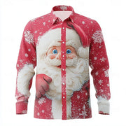 2026 New Men's Christmas Shirt Button Long Sleeve Fun Outdoor Festival Spring and Autumn Lapel 3D Printed Lapel Shirt Red