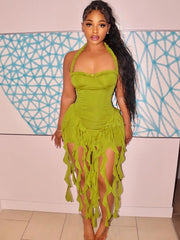 Hugcitar Elegant Halter Solid Ruffles Backless Taseel Sexy Slim Mini Dress Spring Women Cute Outfits Birthday Party Vacation