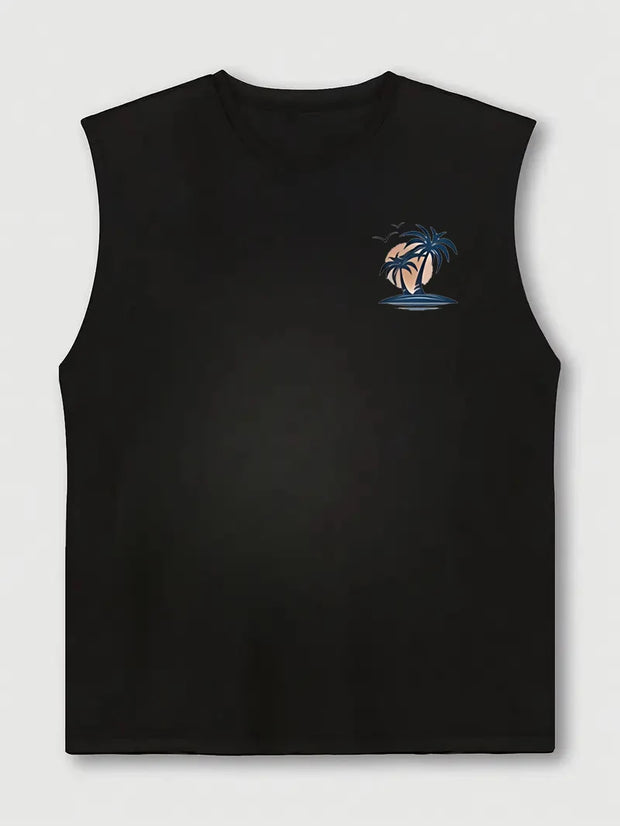 Men's Sleeveless Summer Tank – Coconut Tree & Surfboard Print, Breathable Leisure Fit