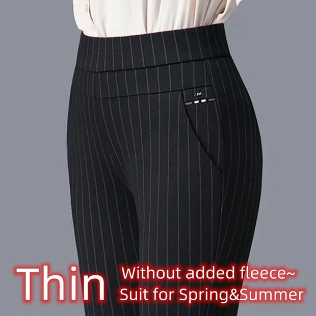 Casual Elegant Long Thin Pants Elastic Waist Black OL Trend Pencil Pants Summer Simple Women New In Clothes Skinny Solid Strip