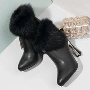 Fall/Winter Fashion Pointed Toe Inner Platform Rabbit Fur Block Heel Heels Side Zip Booties Elegant Ankle Boots