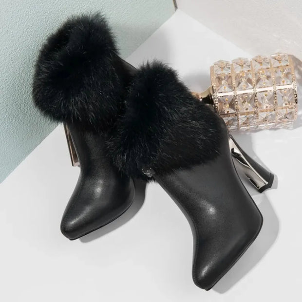 Fall/Winter Fashion Pointed Toe Inner Platform Rabbit Fur Block Heel Heels Side Zip Booties Elegant Ankle Boots