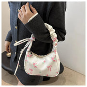 Hand Bags for Ladies Summer Women's BM Style Floral Canvas Pleated Tote Bag Korean Flower Bow Printed Zipper Cute Armpit Bag