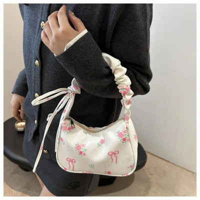Hand Bags for Ladies Summer Women's BM Style Floral Canvas Pleated Tote Bag Korean Flower Bow Printed Zipper Cute Armpit Bag