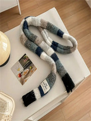 Women's Scarf - Cute Rainbow Stripe Color-Blocking Design, Elastic Stretchy Narrow Scarf for Winter Warmth, Handmade Fashion Acc