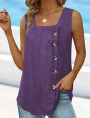 Women's Summer Sleeveless Pleated Tank – Square Neck & Swallowtail Hem