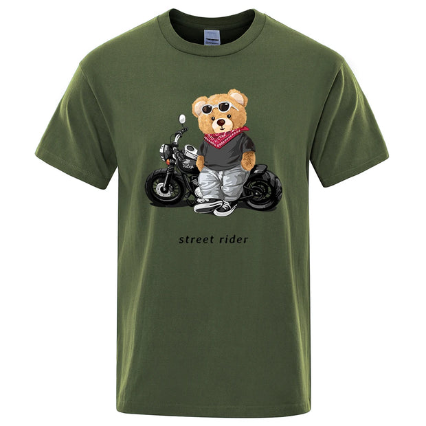 Motorcycle Enthusiast Street Ted Rider Printed T-Shirt Men Loose Casual Short Sleeves Summer Breathable Tee Cotton Clothing