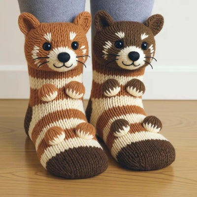 A Pair of Adult Cute Animal Socks 3D Knitted Floor Socks for Fall & Winter Christmas Cozy & Warm Socks for Home & Outdoor