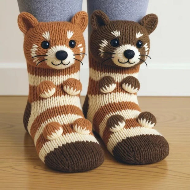 A Pair of Adult Cute Animal Socks 3D Knitted Floor Socks for Fall & Winter Christmas Cozy & Warm Socks for Home & Outdoor