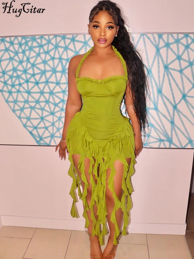 Hugcitar Elegant Halter Solid Ruffles Backless Taseel Sexy Slim Mini Dress Spring Women Cute Outfits Birthday Party Vacation