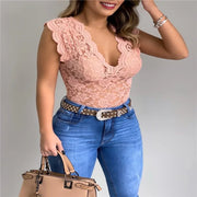Summer Sexy V Neck Lace Vest Top Women Solid Sleeveless Tank Tops Female Elegant Floral Hollow Out Bodycon Clubwear T Shirt
