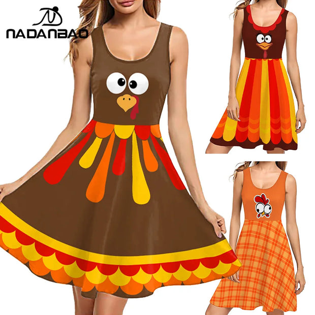Nadanbao Funny Turkey Print Dress Summer U-neck Sleeveless Dresses Thanksgiving Family Party Women's Clothing Casual Lady Outfit