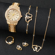 Women’s 6-Piece Rhinestone Quartz Watch & Heart Jewelry Set