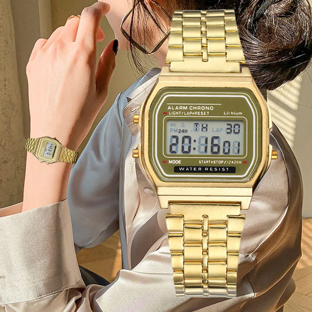 Women’s Elegant Gold & Silver Stainless Steel Digital Watch