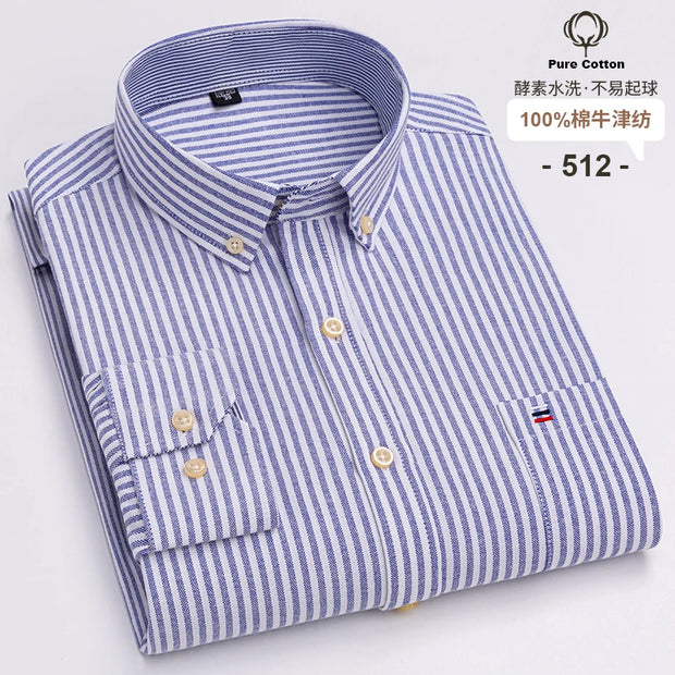 New Men Social Shirt Long Sleeve 100%Pure Cotton Oxford Soft Formal Male Clothes Oversized Pocket Shirt Men clothing S-7XL
