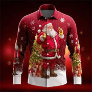 2026 New Men's Christmas Shirt Button Long Sleeve Fun Outdoor Festival Spring and Autumn Lapel 3D Printed Lapel Shirt Red