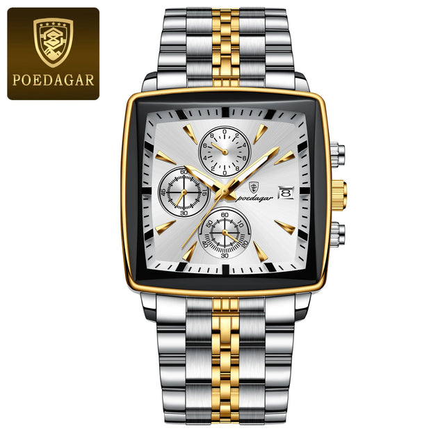 POEDAGAR Men's Square Chronograph Watch – Waterproof, Luminous, Stainless Steel Quartz Timepiece