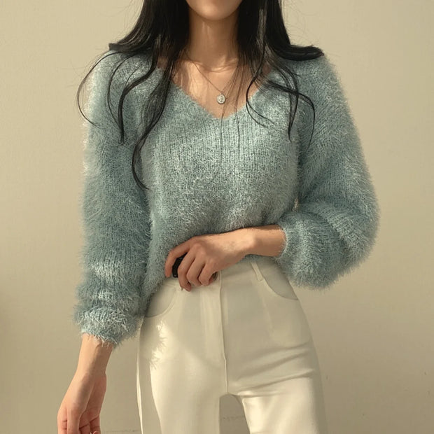 Women's Soft Cozy V-Ne Sweater Autumn Winter Faion Sweet Large V-Ne Knitted Top Women's Faion Trendy Sweater