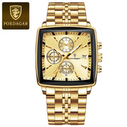 POEDAGAR Men's Square Chronograph Watch – Waterproof, Luminous, Stainless Steel Quartz Timepiece
