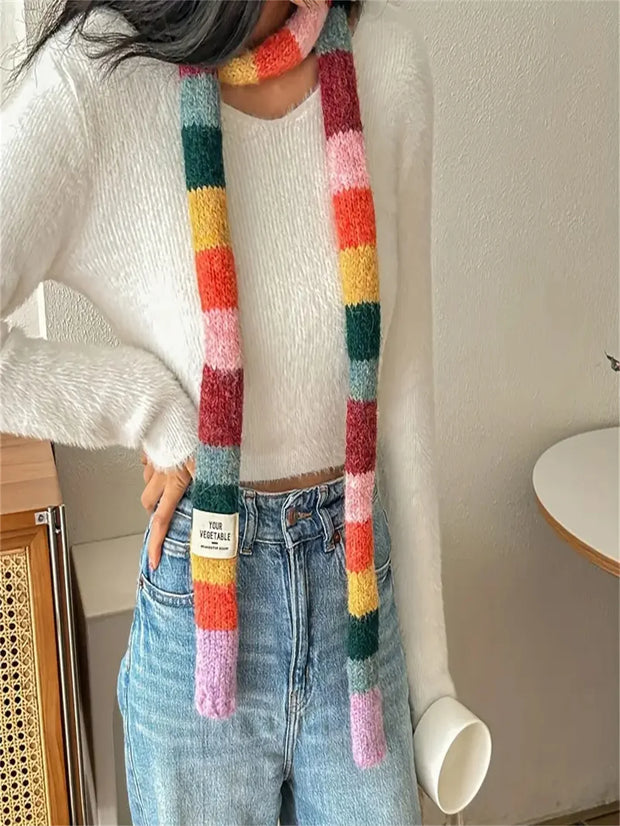 Women's Scarf - Cute Rainbow Stripe Color-Blocking Design, Elastic Stretchy Narrow Scarf for Winter Warmth, Handmade Fashion Acc