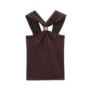 TRZA Women's Knit Halterneck Tank – Gold Appliqué Camisole with Wide Straps