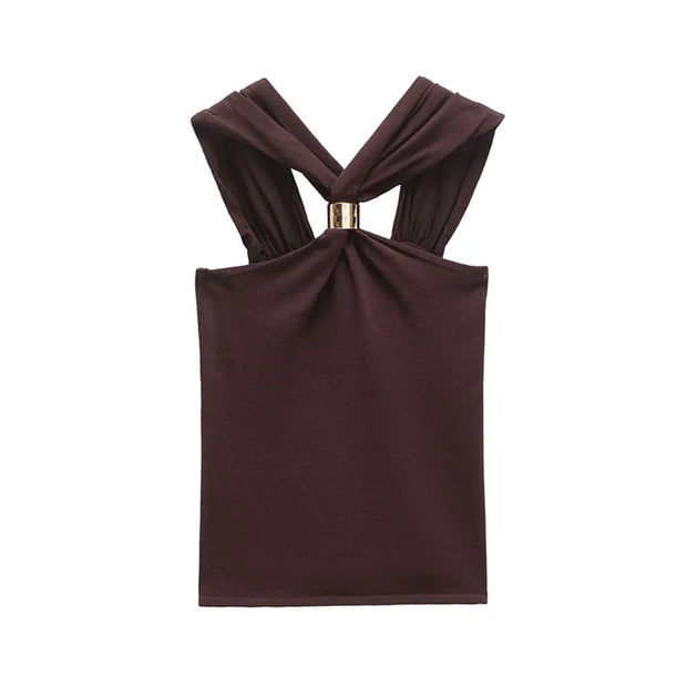 TRZA Women's Knit Halterneck Tank – Gold Appliqué Camisole with Wide Straps