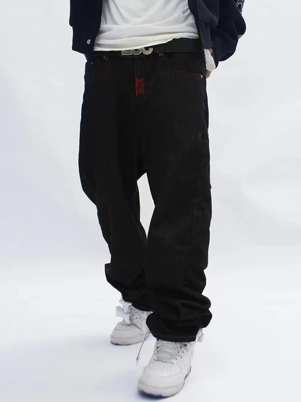 Men's 2024 New Cotton Fashion Fully Embroidered Skull Loose Straight Casual Jeans Pants High Street Hip-Hop Y2K Vintage Pants