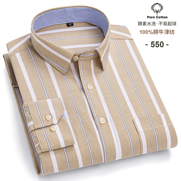 New Men Social Shirt Long Sleeve 100%Pure Cotton Oxford Soft Formal Male Clothes Oversized Pocket Shirt Men clothing S-7XL