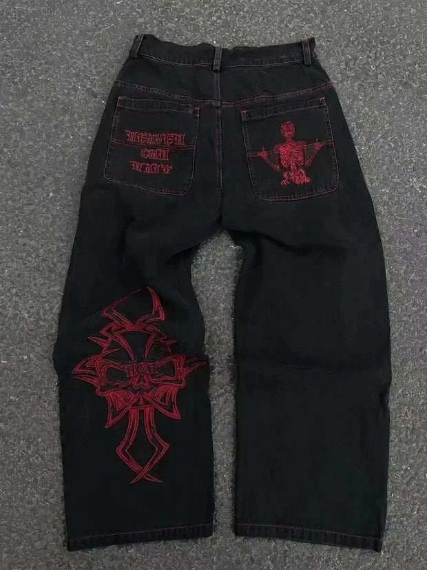 Men's 2024 New Cotton Fashion Fully Embroidered Skull Loose Straight Casual Jeans Pants High Street Hip-Hop Y2K Vintage Pants
