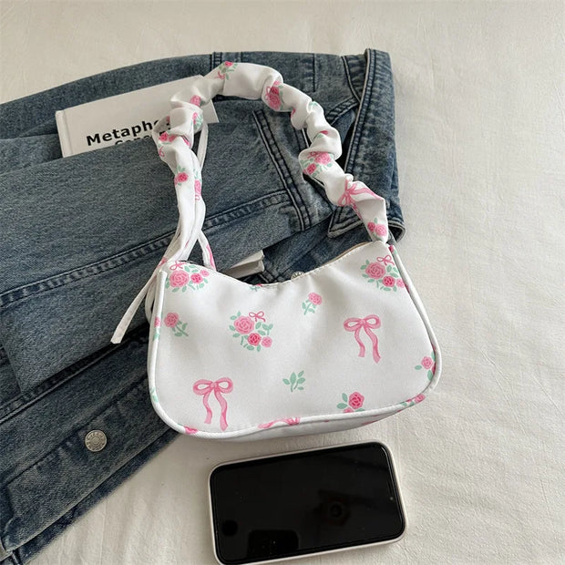 Hand Bags for Ladies Summer Women's BM Style Floral Canvas Pleated Tote Bag Korean Flower Bow Printed Zipper Cute Armpit Bag