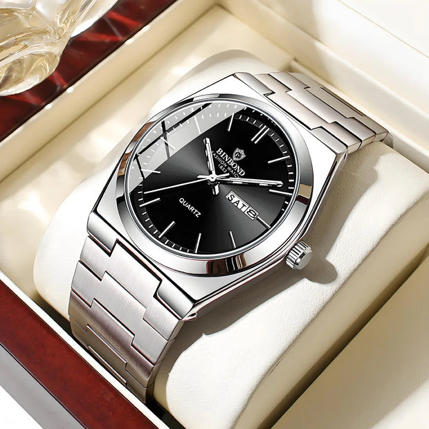 UTHAI Men's Stainless Steel Quartz Watch – Double Calendar, Waterproof, Light Luxury Business Style