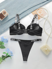 Women's Glossy Letter Lingerie Set – Push-Up Bra & Briefs, Sexy Two-Piece