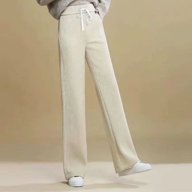 Autumn Winter Fleece Wide Leg Pants Women High Waist Loose All-match Straight Casual Trousers Simplicity Lacing Elastic Waist