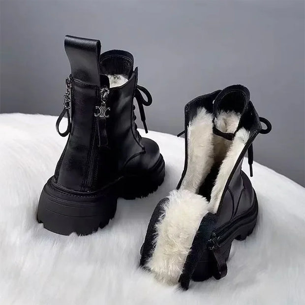 Ankle Boots for Women's Flats Platform Shoes 2025 Winter Sport Snow Boots New Trend Short Plush Lace Up Leather Fad Mujer Botas