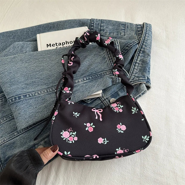 Hand Bags for Ladies Summer Women's BM Style Floral Canvas Pleated Tote Bag Korean Flower Bow Printed Zipper Cute Armpit Bag