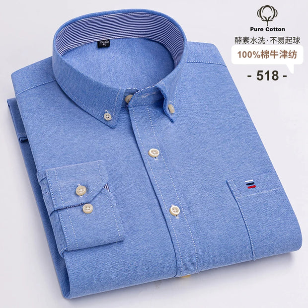 New Men Social Shirt Long Sleeve 100%Pure Cotton Oxford Soft Formal Male Clothes Oversized Pocket Shirt Men clothing S-7XL