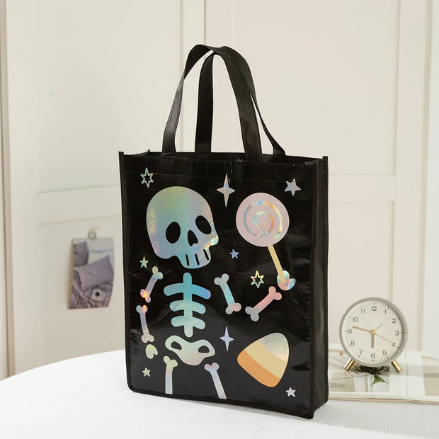 Halloween Party Bags - Non-Woven Fabric Gift Bags with Pumpkin, Grimace, Cat, Bats, Candy Designs  - Sturdy Handles for Trick