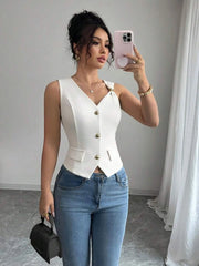Women's Elegant White Knitted Sleeveless Vest – Slim Fit with Gold Button Detail