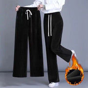 Autumn Winter Fleece Wide Leg Pants Women High Waist Loose All-match Straight Casual Trousers Simplicity Lacing Elastic Waist