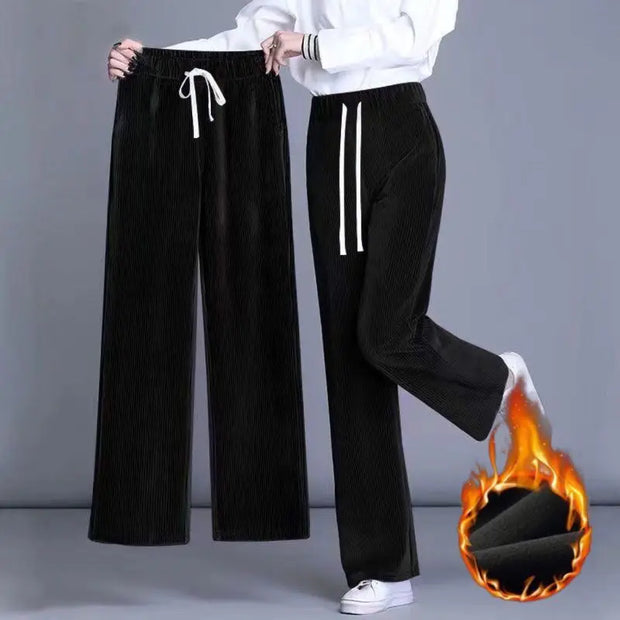 Autumn Winter Fleece Wide Leg Pants Women High Waist Loose All-match Straight Casual Trousers Simplicity Lacing Elastic Waist