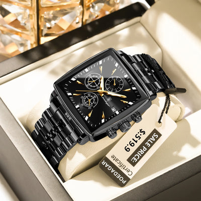 POEDAGAR Men's Square Chronograph Watch – Waterproof, Luminous, Stainless Steel Quartz Timepiece