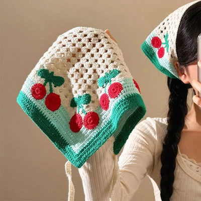 Vintage Hair Scarf Garden Style Lovely Cherry Triangle Scarf Women's Advanced Hair Accessories Headband Sweet Style Kawaii Clip