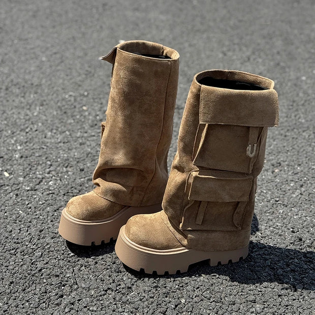 2025 Fall Winter New Brown Fashion Boots Versatile Platform Heightened Vintage Trouser Heel Boots Women