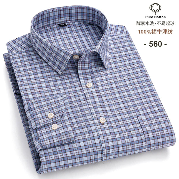 New Men Social Shirt Long Sleeve 100%Pure Cotton Oxford Soft Formal Male Clothes Oversized Pocket Shirt Men clothing S-7XL