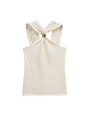 TRZA Women's Knit Halterneck Tank – Gold Appliqué Camisole with Wide Straps